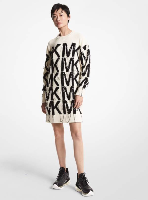 Damske Saty Michael Kors Logo Intarsia Sweater Biele - Oblecenie Michael Kors Akcia | YMENT-4186